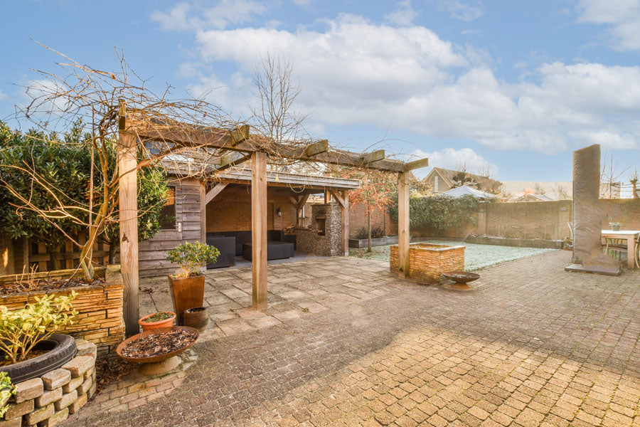 Eine Pergola aus Holz, bedeckt mit Weinranken außerhalb der Blütezeit